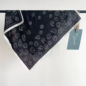 Vintage black and white floral print silk square scarf, elegant neckerchief for women.