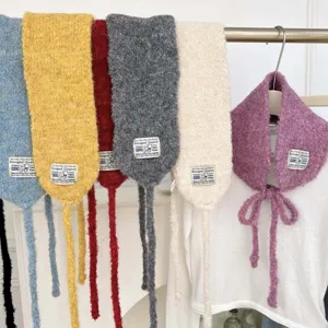 Cozy knit tie scarf in assorted candy colors, soft warm winter accessory detail view.
