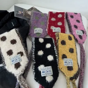 Korean style candy color knitted dot scarf warm winter cute strap ear cover for women