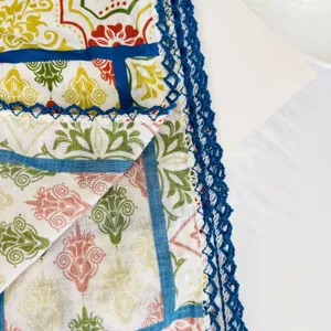 Close-up detail of vintage floral patterned scarf with elegant blue crochet lace edge.