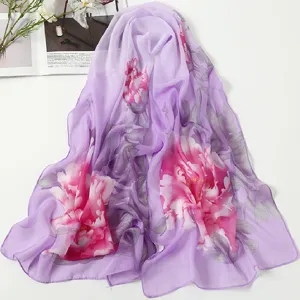 Summer women's purple chiffon floral print scarf elegant beach shawl lightweight fashion wrap