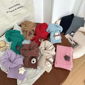 Kids winter cute knitted scarf with cartoon doll decoration, warm soft student neck warmer.