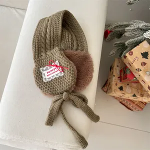 Kids winter knitted earmuffs plush warm ear warmer with cute bow and long strap