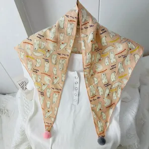 Cute cotton linen baby triangular scarf with polar bear print and pom poms for autumn winter.