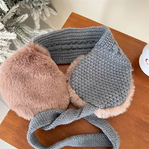 Kids winter plush earmuffs with cozy knitted headband and warm strap cute ear warmers for girls