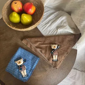 Kids polka dot square towel detail, cute bear doll decor, soft baby saliva scarf winter.