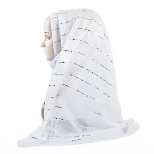 Close-up detail view of a white sequin hijab scarf, elegant women's fashion head wrap.