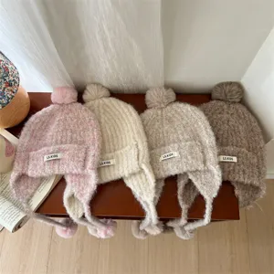Bonnet tricoté chaud pour enfants avec oreillettes et pompons en peluche, bonnet d'hiver.