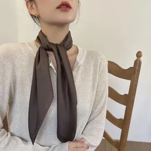 Elegant brown silk skinny scarf detail shot, minimalist style neckerchief for women.