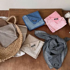 Kids cotton square scarf detail featuring polka dots and stripes for soft and warm baby daily wear.