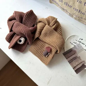 Kids winter knitted cross scarf, cute bear and mushroom decor, warm baby neck warmer cozy.