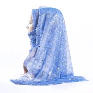 Detail view of the blue glitter scarf showing sparkly texture, fabric weave and side drape.