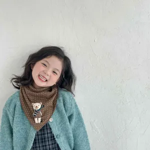 Cute baby polka dot scarf with cartoon bear plush doll, soft warm cotton winter neckerchief.