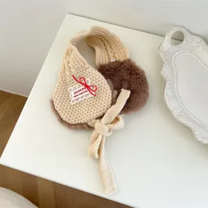 Kids winter warm earmuffs cute knit plush ear warmer bow strap beige winter accessory