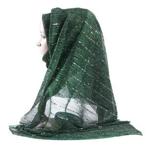 Dark green sequin hijab scarf detail showing shimmering fabric texture and elegant drape style.