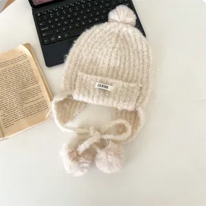 Bonnet tricoté chaud d'hiver pour enfants avec cache-oreilles pompon joli bonnet