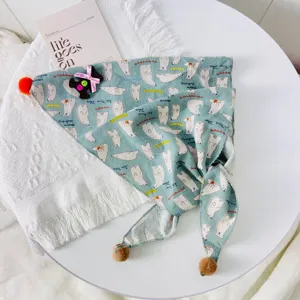 Kids Cotton Linen Triangle Scarf Cute Animal Floral Print Bib Scarf With Pom Poms Toddler Warm Neckwear For Boys Girls