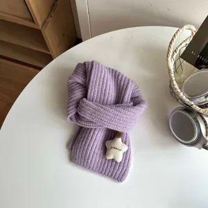 Children winter knitted scarf detail, purple ribbed neck warmer with cute star charm.
