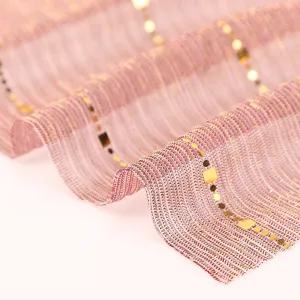 Pink sequined mesh yarn scarf detail view, elegant metallic gold squares trim fabric.