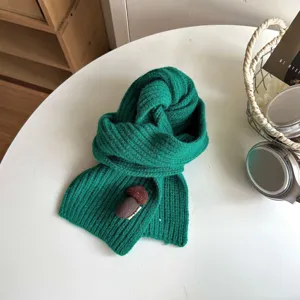 Children winter solid color knitted scarf with cute mushroom decor warm soft neckerchief.