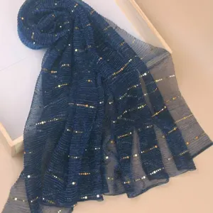 Dark blue sequin pleated scarf for women, elegant long hijab and shawl for autumn and winter wear.