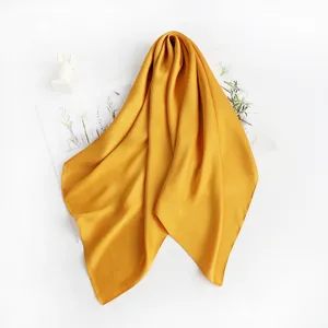 Solid color silk square scarf for women, elegant golden neckerchief for spring and autumn.