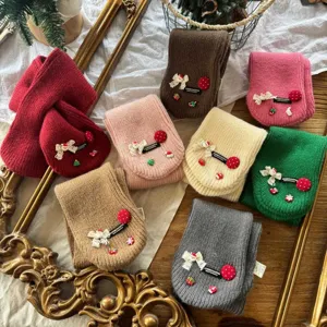 Cute knitted kids winter neck warmer short scarf with bow and strawberry decoration for kids