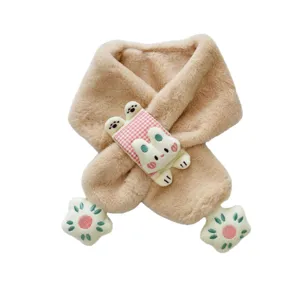 Cute plush kids winter scarf faux rabbit fur warm toddler neckerchief with cute rabbit decor