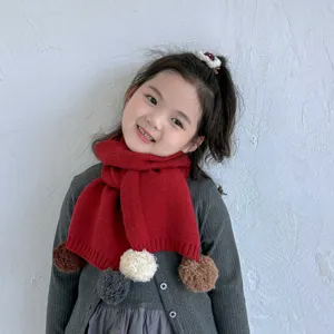 Écharpe en tricot pour enfants avec pompons colorés mignon automne hiver chaud foulard mode