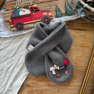 Kids dark grey knit neck warmer winter cute warm children short scarf with Christmas decor