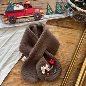 Kids brown knitted winter scarf cute Christmas theme short cozy children warm neck warmer