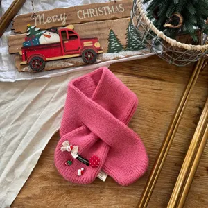 Cute pink knitted baby winter warm scarf, soft solid color children neckerchief detail.