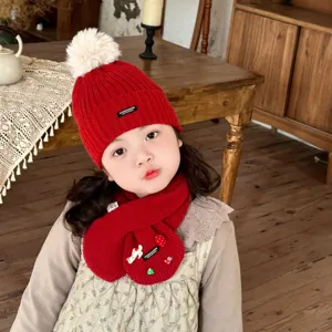 Kids Winter Red Knit Hat Scarf Set Cute Warm Pom Pom Children Outdoor Cold Weather Outfit
