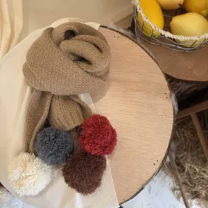 Vue detaillee d'une echarpe en tricot pour enfants avec des pompons colores, accessoire chaud.