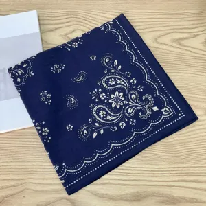 Pañuelo cuadrado azul oscuro de algodón puro 58cm estilo coreano con elegante patrón floral.