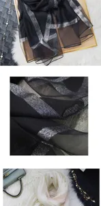 Close-up details of lightweight sheer silk scarf with elegant silver stripes, styling scene.