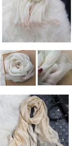 Close-up detail of lightweight sheer silk scarf with shimmering pink edge, elegant drape styling.