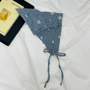 Kids distressed striped bandana headscarf, trendy denim style breathable kids hair wrap.