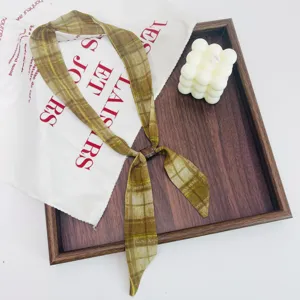 Retro plaid scarf necklace for women, vintage neck ribbon with chic buckle, versatile fashion item.