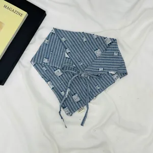 Kids Korean style striped denim triangle scarf, distressed frayed edge bandana for spring autumn.
