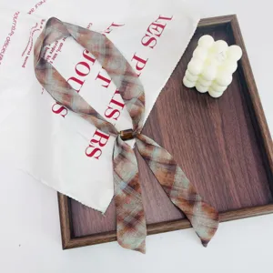 Retro plaid skinny scarf for women, elegant vintage neck ribbon and stylish multi-use accessory.