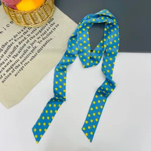 Sciarpa di seta lunga a pois blu e gialli, nastro da collo alla moda e versatile da donna.