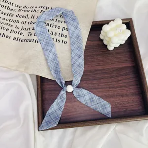 Blue plaid neck scarf with pearl bead detail, elegant literary style accessory for women.