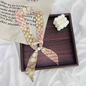 Vintage floral print scarf necklace with pearl bead accent, long neckerchief for women fashion.