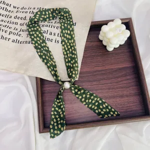 Vintage polka dot skinny scarf with pearl necklace accessory for women elegant green neckerchief.