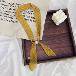 Vintage printed skinny scarf with pearl buckle elegant neckerchief multi-purpose hair band