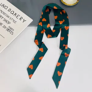Green and orange heart pattern skinny silk scarf, versatile hair band and neckerchief for women.