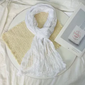 White wrinkled gauze scarf for women, breathable summer shawl, literary style neckerchief.