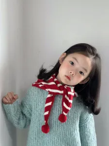 Cute kids winter knit striped scarf with pom-pom details, soft and warm baby winter neck warmer.