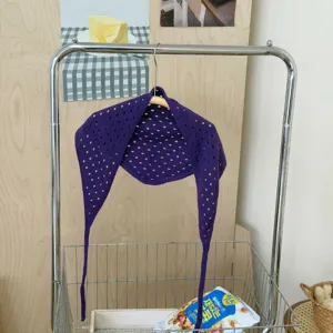 Bufanda triangular de punto calado coreano, pañuelo de ganchillo morado y diadema transpirable.